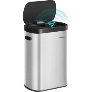 imageSONGMICS Motion Sensor Trash Can 13Gallon 50 L Automatic Garbage Can with Soft Close Lid Stainless Steel Wave or Touch to Open Includes 15 Bags Ink Black ULTB640B01Metallic Silver  Ink Black