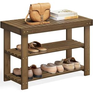 imageSONGMICS Shoe Rack Bench 3Tier Bamboo Shoe Storage Organizer Entryway Bench Holds Up to 286 lb 113 x 197 x 178 Inches for Entryway Bathroom Bedroom Ink Black ULBS001B01Yellow Brown
