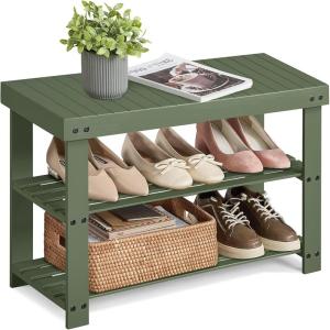imageSONGMICS Shoe Rack Bench 3Tier Bamboo Shoe Storage Organizer Entryway Bench Holds Up to 286 lb 113 x 197 x 178 Inches for Entryway Bathroom Bedroom Ink Black ULBS001B01Forest Green
