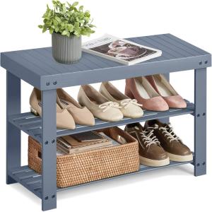 imageSONGMICS Shoe Rack Bench 3Tier Bamboo Shoe Storage Organizer Entryway Bench Holds Up to 286 lb 113 x 197 x 178 Inches for Entryway Bathroom Bedroom Ink Black ULBS001B01Grey