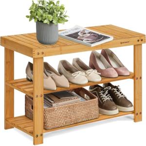 imageSONGMICS Shoe Rack Bench 3Tier Bamboo Shoe Storage Organizer Entryway Bench Holds Up to 286 lb 113 x 197 x 178 Inches for Entryway Bathroom Bedroom Ink Black ULBS001B01Natural