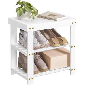 imageSONGMICS Shoe Rack Bench 3Tier Bamboo Shoe Storage Organizer Entryway Bench Holds Up to 286 lb 113 x 197 x 178 Inches for Entryway Bathroom Bedroom Ink Black ULBS001B01Cloud White