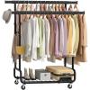 imageSONGMICS Clothes Rack HeavyDuty Rolling Clothing Garment Rack with Wheels Extendable Hanging Rod and Adjustable Height Portable with Shelf and Hooks Silver UHSR014E01Ink Black