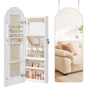 imageSONGMICS Wide Jewelry Organizer LED Jewelry Cabinet WallDoor Mounted Arched Mirror with Storage Lockable Rounded Corner Interior Mirror 39 x 165 x 425 Inches Laurel Green UJJC020C01SCloud White