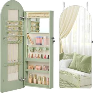 imageSONGMICS Wide Jewelry Organizer LED Jewelry Cabinet WallDoor Mounted Arched Mirror with Storage Lockable Rounded Corner Interior Mirror 39 x 165 x 425 Inches Laurel Green UJJC020C01SLaurel Green
