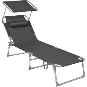 imageSONGMICS Sun Lounger Patio Chaise Lounge Chair Folding with Canopy 76 x 209 x 114 Inches Holds 330 lb Headrest Adjustable Backrest Outdoor Garden Pool Dark Gray UGCB19UV1