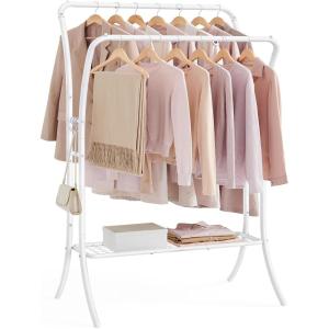 imageSONGMICS Clothes Rack Clothing Rack with Shelves Garment Racks Heavy Duty Double Rod Clothes Rack with 6 Hooks Clothes Storage and Display for Living Room Bedroom Ink Black UHSR109B01White
