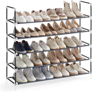 imageSONGMICS Shoe Rack 3Tier Shoe Storage Organizer Metal Shoe Shelf 12 to 15 Pairs Shoes Stackable Shoe Tower for Living Room Entryway Hallway Closet Black ULSA13BKDove Gray  Ink Black