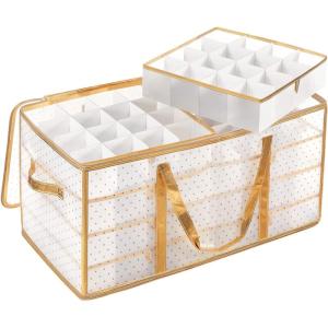 imageSONGMICS Set of 2 Large Christmas Ornament Storage Boxes 16 Trays Hold 256 Balls up to 3Inch Plastic Christmas Storage Containers with Lids Dual Zippers Side Handles Sandy Gold URFB029A07Sandy Gold