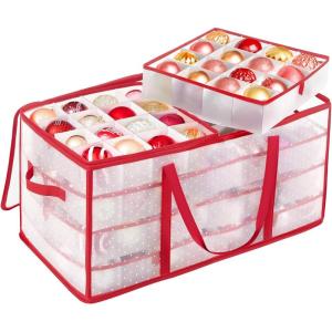 imageSONGMICS Set of 2 Large Christmas Ornament Storage Boxes 16 Trays Hold 256 Balls up to 3Inch Plastic Christmas Storage Containers with Lids Dual Zippers Side Handles Sandy Gold URFB029A07Cherry Red