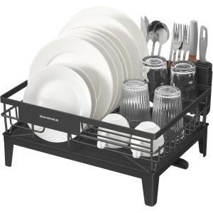 imageSONGMICS Dish Drying Rack Kitchen Dish Rack with Drainboard 360 Rotatable and Extendable Spout with Cutlery Holder 122 x 165 x 73 Inches Dove Gray UKCS550G01Ink Black