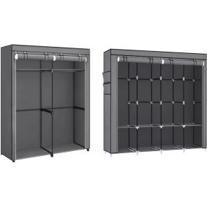 imageSONGMICS 2Column Wardrobe Closet and 4Column Clothes Storage Bundle 4 Hanging Rods and Shelves 4 Side Pockets Gray URYG094G02 and URYG02GY