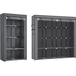 imageSONGMICS 2Column Wardrobe Closet and 4Column Wardrobe Closet Bundle 4 Hanging Rods and Shelves Large Capacity for Bedroom Living Room NonWoven Fabric Metal Frame Gray URYG094G02 and URYG84GY