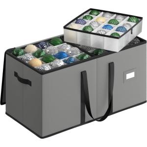 imageSONGMICS Christmas Ornament Storage Box Dual Zippers Stackable Christmas Storage Container with Lid 8 Trays 600D Oxford 3Inch 128 Slots Dove Gray URFB035G01Dove Gray