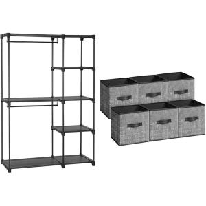 imageSONGMICS Freestanding Closet Organizer Bundle with Storage Cubes Portable Wardrobe Set with 2 Hanging Rods and 6 NonWoven Fabric Bins Black and Black URYG24BK and UROB026B01