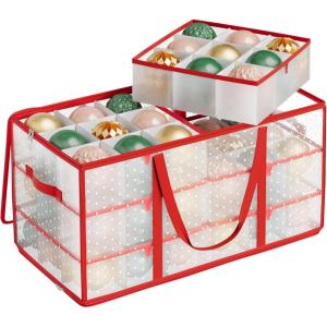 imageSONGMICS Large Christmas Decoration Storage Box 4Inch 54 Slots Plastic Christmas Bauble Storage Box with Lid Dual Zippers 6 Trays Side Handles Sandy Gold URFB030A01Cherry Red