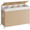 imageSONGMICS HOME Laundry Hamper with 3 Section Large 140 L Rolling Laundry Basket with Wheels Rattan Clothes Basket with Lid Removable Liner with Handles Natural Beige and Matte White ULCB602N01Natural Beige  Matte White