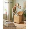 imageSONGMICS Laundry Hamper 2 Sections 343 Gal 130 L Handwoven Water Hyacinth Wicker Laundry Basket with Lid Natural Material Removable Machine Washable Liners Handles Natural ULCB202Y01Natural