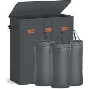 imageSONGMICS 422 Gallon 160 L Laundry Hamper 3Compartment Laundry Basket Sorter with Lid Labels Removable Liner Bags for Bedroom Ink Black URLH013B01Dark Gray