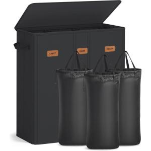 imageSONGMICS 422 Gallon 160 L Laundry Hamper 3Compartment Laundry Basket Sorter with Lid Labels Removable Liner Bags for Bedroom Ink Black URLH013B01Ink Black