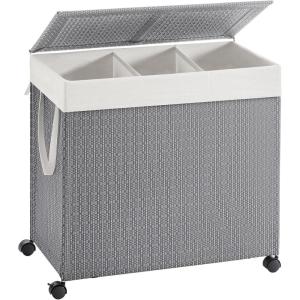 imageSONGMICS HOME Laundry Hamper with 3 Section Large 140 L Rolling Laundry Basket with Wheels Rattan Clothes Basket with Lid Removable Liner with Handles Natural Beige and Matte White ULCB602N01Dove Gray  Matte White