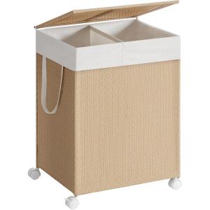 imageSONGMICS HOME Laundry Hamper with 3 Section Large 140 L Rolling Laundry Basket with Wheels Rattan Clothes Basket with Lid Removable Liner with Handles Natural Beige and Matte White ULCB602N01Natural Beige  Matte White