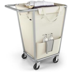 imageSONGMICS Laundry Basket with Wheels 2Section Laundry Sorter 502 Gallons 190 L Rolling Hamper with Removable Bags HeavyDuty Steel Frame Cream White URLS009W01Cream White