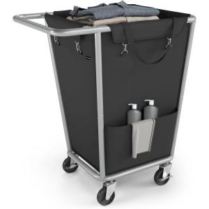 imageSONGMICS Laundry Basket with Wheels 2Section Laundry Sorter 502 Gallons 190 L Rolling Hamper with Removable Bags HeavyDuty Steel Frame Cream White URLS009W01Ink Black