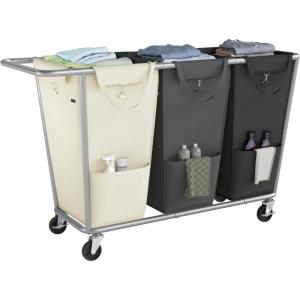 imageSONGMICS Laundry Basket with Wheels 2Section Laundry Sorter 502 Gallons 190 L Rolling Hamper with Removable Bags HeavyDuty Steel Frame Cream White URLS009W01Cream White  Dark Gray  Ink Black