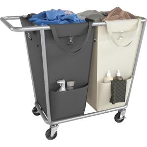 imageSONGMICS Laundry Basket with Wheels 2Section Laundry Sorter 502 Gallons 190 L Rolling Hamper with Removable Bags HeavyDuty Steel Frame Cream White URLS009W01Cream White  Dark Gray