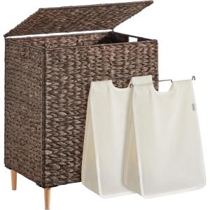 imageSONGMICS Laundry Hamper 2 Sections 343 Gal 130 L Handwoven Water Hyacinth Wicker Laundry Basket with Lid Natural Material Removable Machine Washable Liners Handles Natural ULCB202Y01Espresso