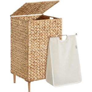 imageSONGMICS Laundry Hamper 2 Sections 343 Gal 130 L Handwoven Water Hyacinth Wicker Laundry Basket with Lid Natural Material Removable Machine Washable Liners Handles Natural ULCB202Y01Natural