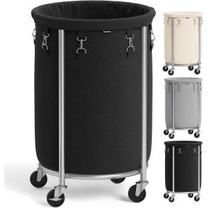 imageSONGMICS 635Gallon 240 L Laundry Basket with Wheels Rolling Round HeavyDuty Laundry Hamper Cart with Steel Frame and Removable Bag 2 Locking Wheels Cream White and Metallic Silver URLS012W01Ink Black  Metallic Silver