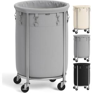 imageSONGMICS 635Gallon 240 L Laundry Basket with Wheels Rolling Round HeavyDuty Laundry Hamper Cart with Steel Frame and Removable Bag 2 Locking Wheels Cream White and Metallic Silver URLS012W01Gray  Metallic Silver
