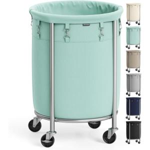 imageSONGMICS 635Gallon 240 L Laundry Basket with Wheels Rolling Round HeavyDuty Laundry Hamper Cart with Steel Frame and Removable Bag 2 Locking Wheels Cream White and Metallic Silver URLS012W01Mint Green  Metallic Silver
