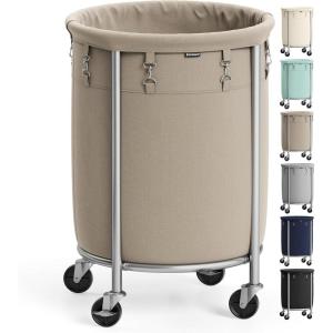imageSONGMICS 635Gallon 240 L Laundry Basket with Wheels Rolling Round HeavyDuty Laundry Hamper Cart with Steel Frame and Removable Bag 2 Locking Wheels Cream White and Metallic Silver URLS012W01Camel Brown  Metallic Silver