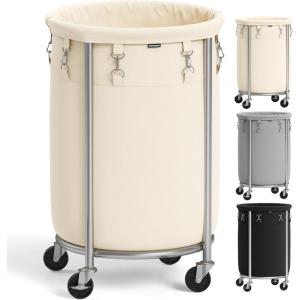 imageSONGMICS 635Gallon 240 L Laundry Basket with Wheels Rolling Round HeavyDuty Laundry Hamper Cart with Steel Frame and Removable Bag 2 Locking Wheels Cream White and Metallic Silver URLS012W01Cream White  Metallic Silver