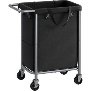 imageSONGMICS Laundry Basket with Wheels 4Section Rolling Laundry Hamper 686 Gallons 260 L Removable Liner Steel Frame with Handle 433 x 154 x 319 Inches Cream White URLS014W01Ink Black