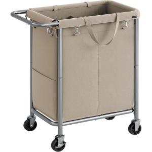 imageSONGMICS Laundry Basket with Wheels 4Section Rolling Laundry Hamper 686 Gallons 260 L Removable Liner Steel Frame with Handle 433 x 154 x 319 Inches Cream White URLS014W01Camel Brown