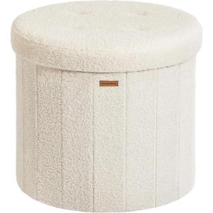 imageSONGMICS Mazie Collection  Round Storage Ottoman Folding Footrest Stool with Removable Lid Easy Assembly Teddy Fleece Vanity Stool for Bedroom Living Room Entryway Cream White ULSF606W01Cream White