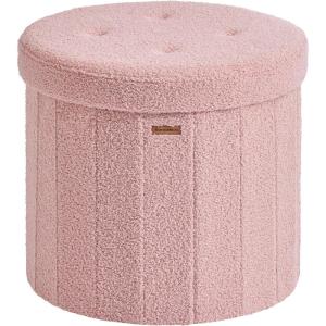 imageSONGMICS Mazie Collection  Round Storage Ottoman Folding Footrest Stool with Removable Lid Easy Assembly Teddy Fleece Vanity Stool for Bedroom Living Room Entryway Cream White ULSF606W01Jelly Pink