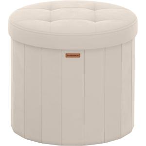 imageSONGMICS Mazie Collection  Round Storage Ottoman Folding Footrest Stool with Removable Lid Easy Assembly Teddy Fleece Vanity Stool for Bedroom Living Room Entryway Cream White ULSF606W01Cappuccino Beige