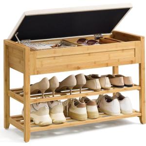 imageSONGMICS Storage Bench Bamboo Shoe Rack Entryway Furniture 315 Inches Wide Hidden Storage Compartments 2Tier Shoe Shelves for Entryway Living Room Bedroom Dorm Ink Black ULSB056B01Natural Beige