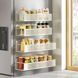 imageSONGMICS Strong Magnetic Spice Rack for Refrigerator Set of 4 2 Large and 2 Small Kichen Magnetic Shelves for Microwave Washing Machine Spice Organizers No Drilling Needed Cream White UKCS061W01Cream White