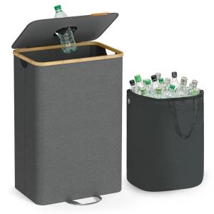 image:imageSONGMICS Recycling Bin for Kitchen 264 Gallon Bottle Recycling Container Collection Bin for Metal Plastic Paper Glass Inner Bag with Handles Kitchen Ink Black and Natural Beige URRB509B01Slate Gray